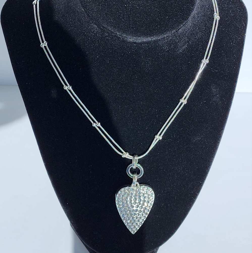 Fashion Jewelry Silver Ball Chain Necklace with Cubic Zirconia Heart Pendant - Picture 3 of 5